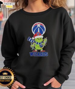 Alt Text: Good 2025 Washington Wizards Christmas Grinch Santa Hat Holiday Sweatshirt featuring festive design and team logo.