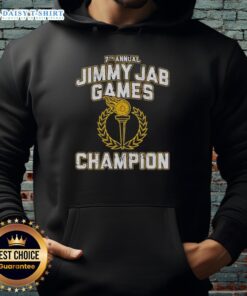 Good 7th Annual Jimmy Jab Games Champion Hoodie displayed on a hanger, showcasing vibrant colors and a unique design.