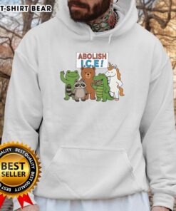 Protest hoodie featuring a whimsical design of a frog, unicorn, raccoon, bear, and dinosaur with 'Abolish ICE' slogan.
