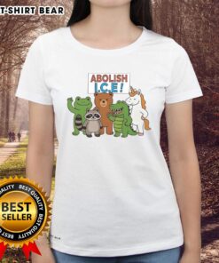 Good Abolish ICE protest tee featuring a frog, unicorn, raccoon, bear, and dinosaur design for women.