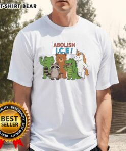 Good Abolish Ice Frog Unicorn Raccoon Bear Dinosaur Protest T-Shirt design featuring colorful, whimsical animal graphics.