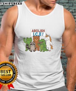 Colorful tank top featuring a whimsical design of a frog, unicorn, raccoon, bear, and dinosaur at a protest for abolishing ICE.