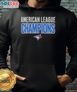 2025 Toronto Blue Jays Good American League Champions hoodie logo in blue and red, perfect for baseball fans.