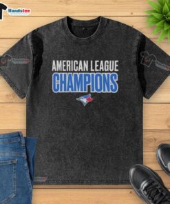 Alt Text: 2025 Toronto Blue Jays Good American League Champions logo on a washed t-shirt, showcasing team pride and style.