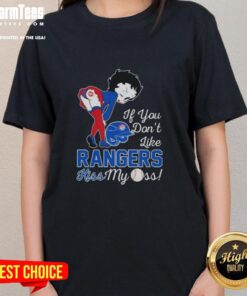 Good Betty Boop 'If You Don't Like Texas Rangers Kiss My Ass' ladies tee featuring playful graphic design and bold colors.