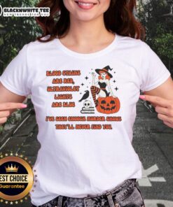 Good Blood Stains Are Red Ultraviolet Lights Are Blue Ladies Tee design featuring a playful and colorful graphic.