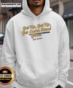 Alt Text: Good Bob Uecker Milwaukee Brewers MLB hoodie featuring iconic 'Get Up Get Outta Here Gone' phrase.