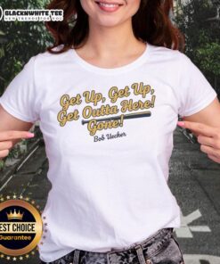 Alt Text: Good Bob Uecker Milwaukee Brewers MLB Ladies Tee featuring 'Get Up Get Up Get Outta Here Gone' slogan.