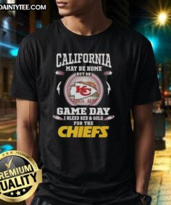 Good California Is Home T-Shirt featuring Kansas City Chiefs design, perfect for game day fans and team spirit.