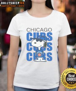 Alt Text: Good Carousell Chicago Cubs Snoopy Ladies Tee featuring a playful Snoopy design for female Cubs fans.