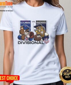 Chicago Cubs vs Milwaukee Brewers 2025 Divisional Series mascot ladies tee featuring team logos and vibrant colors.