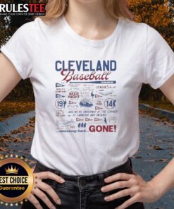 Alt Text: Cleveland baseball history collage on a ladies tee, featuring iconic players and memorable moments in baseball.