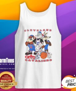 Alt Text: Cleveland Cavaliers NBA X Looney Tunes cartoon characters tank top featuring vibrant graphics and team logo.