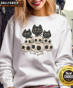 Good Death Gang Cat Skulls Sweatshirt featuring spooky cat skull designs, perfect for Halloween and gothic fashion lovers.