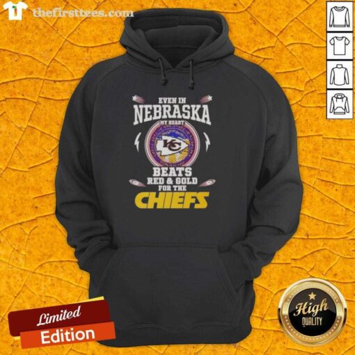 Red and gold Kansas City Chiefs hoodie with 'Good Even In Nebraska' slogan displayed prominently.