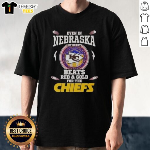 Good Even In Nebraska My Heart Beats Red And Gold For The Kansas City Chiefs T-Shirt showcasing team pride and spirit.