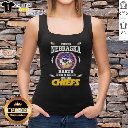 Good Even in Nebraska tank top with red and gold design showing support for the Kansas City Chiefs.