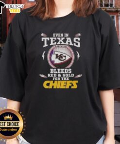 Stylish ladies tee with 'My Spirit Bleeds Red And Gold' for Kansas City Chiefs fans, perfect for Texas game days.
