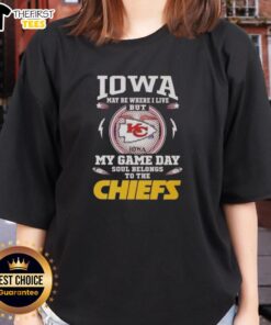 Womens Kansas City Chiefs tee shining bright under Iowa sunshine, showcasing team pride and stylish comfort.