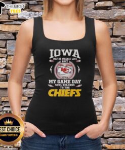 Stylish tank top featuring 'My Heart and Soul Belong to the Kansas City Chiefs' graphic under Iowa sunshine.