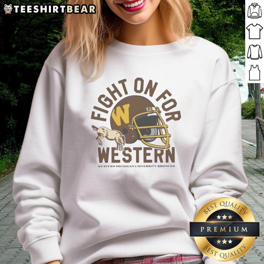 Good Fight On For Western Michigan Broncos Football 1980S Helmet Sweatshirt Alt Text: Vintage 1980s Western Michigan Broncos football sweatshirt featuring the iconic helmet design.