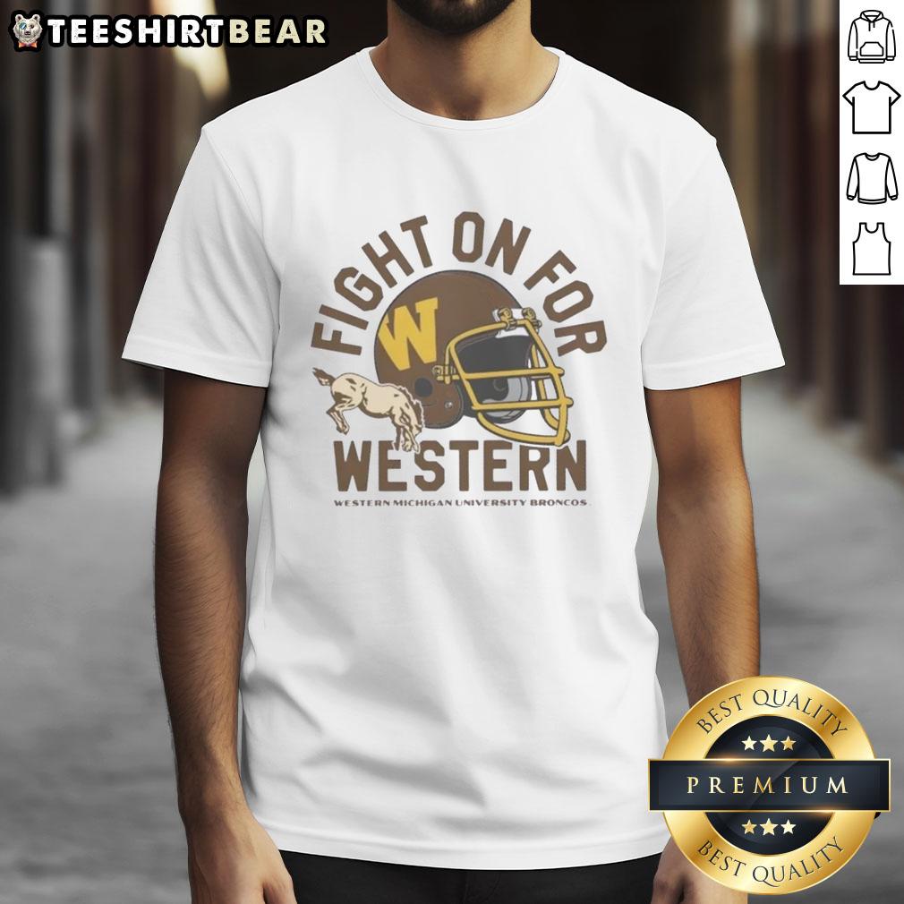 Good Fight On For Western Michigan Broncos Football 1980S Helmet T Shirt Vintage 1980s Western Michigan Broncos football helmet t-shirt, showcasing team spirit and retro design.