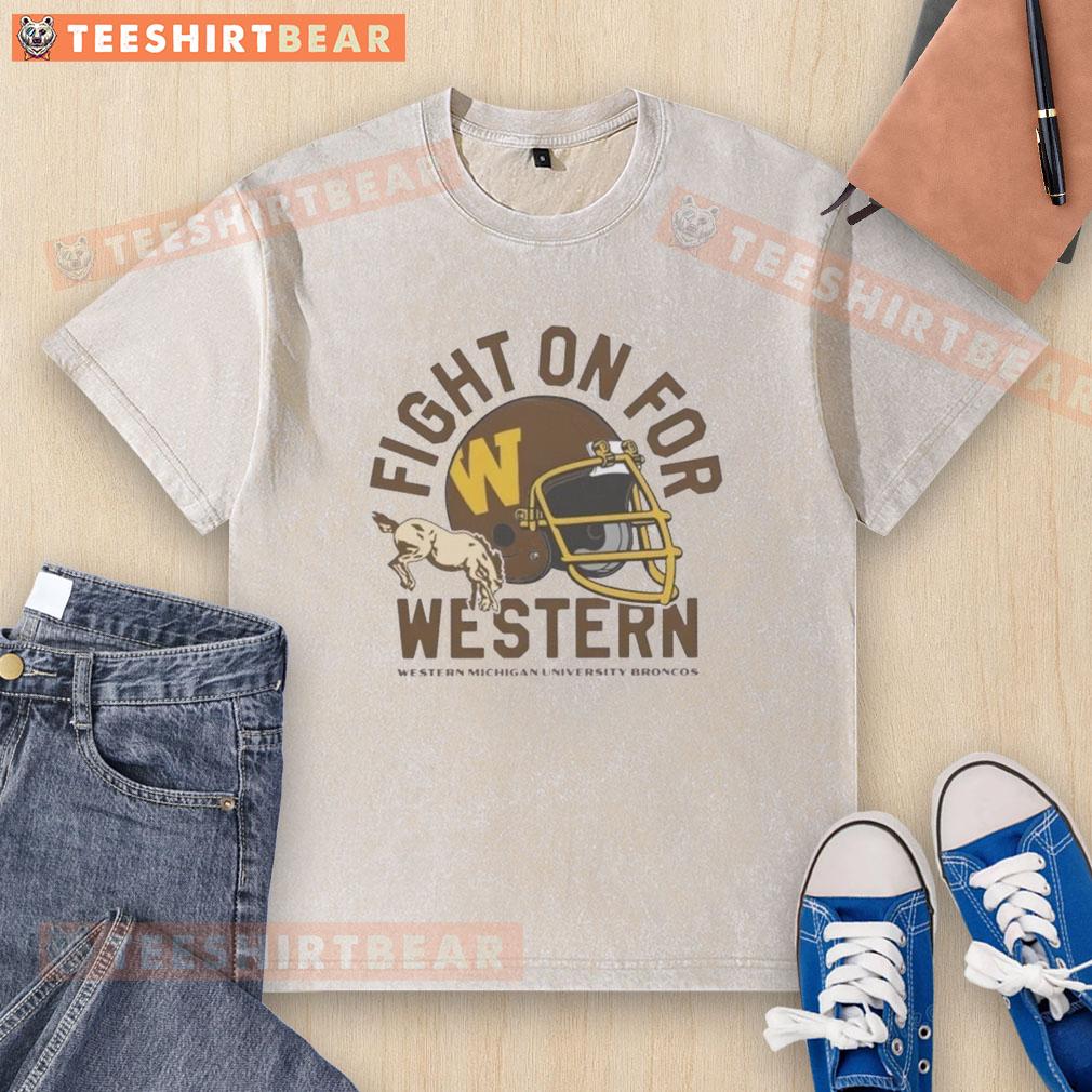 Good Fight On For Western Michigan Broncos Football 1980S Helmet Washed T Shirt Alt Text: 1980s Western Michigan Broncos football helmet graphic on a washed t-shirt, perfect for fans and collectors.