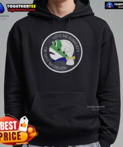 Good Give Me Ribberty Or Give Me Death logo hoodie featuring bold text design on a black background.