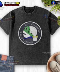 Good Give Me Ribberty Or Give Me Death logo on a washed t-shirt, featuring a bold, vintage design for casual wear.