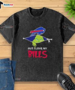 Good Grinch graphic on a washed t-shirt celebrating Buffalo Bills football, perfect for fans during the holiday season.