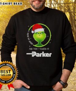 Cozy 'Good Grinch Christmas' sweatshirt featuring a humorous design about working at Parker Hannifin. Perfect for holiday cheer!