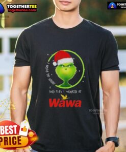 Good Grinch Christmas t-shirt featuring 'I Used To Smile And Then I Worked At Wawa' in festive design.