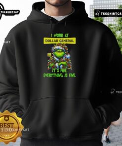 Cozy Good Grinch Christmas tree hoodie from Dollar General, featuring the phrase 'I work at it's fine, everything is fine.'