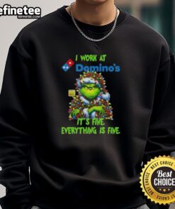 Alt Text: Cozy 'Good Grinch Christmas Tree' sweatshirt featuring I work at it's fine, everything is fine design on display.