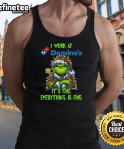 Alt Text: Good Grinch Christmas Tree tank top featuring 'I work at it's fine, everything is fine' design for festive style.
