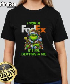 Alt Text: Good Grinch Christmas Tree tee shirt featuring 'It's fine, everything is fine' for festive holiday spirit.