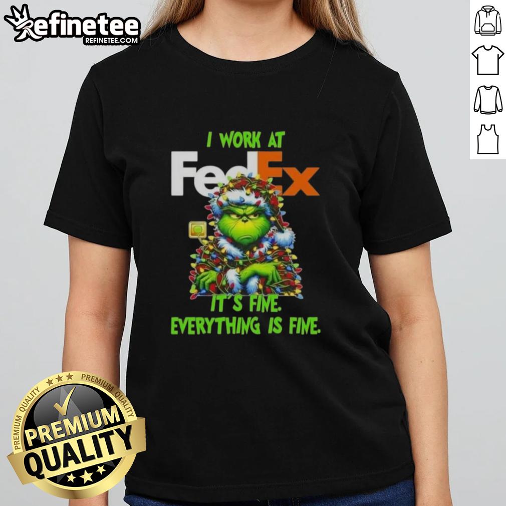good-grinch-christmas-tree-x-fedex-i-work-at-its-fine-everything-is-fine-ladies-tee Alt Text: Good Grinch Christmas Tree tee shirt featuring 'It's fine, everything is fine' for festive holiday spirit.
