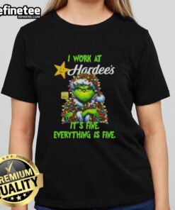 Good Grinch Christmas Tree tee from Hardee's, featuring 'I work at it's fine, everything is fine' slogan for festive style.