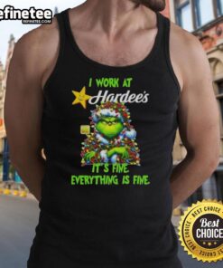 Alt Text: Good Grinch Christmas Tree tank top featuring 'I work at it's fine, everything is fine' slogan for festive humor.