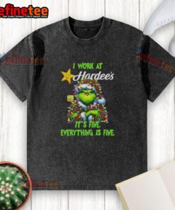 Alt Text: Good Grinch Christmas Tree t-shirt featuring 'I work at it's fine, everything is fine' design for festive cheer.