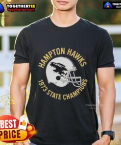 Alt Text: Vintage Good Hampton Hawks 1973 State Champions helmet t-shirt featuring iconic team colors and logo design.