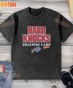 Buffalo Bills 2025 Good Hard Knocks Training Camp washed t-shirt displayed on a hanger, showcasing team pride and style.