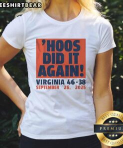 Alt Text: Virginia Cavaliers Football Ladies Tee celebrating the thrilling 46-38 win on September 26, 2025.
