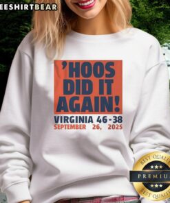 Virginia Cavaliers football sweatshirt celebrating the 46-38 victory on September 26, 2025, showcasing team spirit.