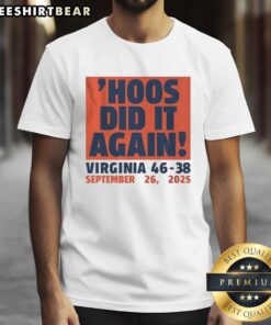 Virginia Cavaliers Football T-Shirt celebrating the 46-38 victory on September 26, 2025, featuring 'Good Hoos Did It Again' design.