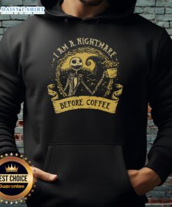 Good I Am A Nightmare Before Coffee hoodie featuring a quirky design perfect for coffee lovers and Halloween enthusiasts.