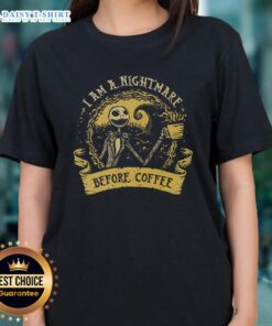 Good I Am A Nightmare Before Coffee ladies tee featuring a whimsical design perfect for coffee lovers and Halloween fans.