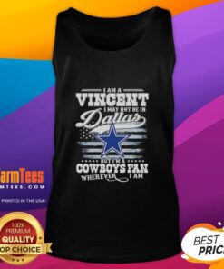 Man wearing 'Good I Am A Vincent' Cowboys fan tank top, showcasing team spirit outside Dallas.