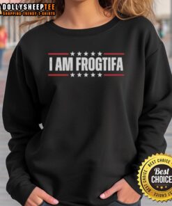 Alt Text: Good I Am Frogtifa Portland Frog Protest Sweatshirt featuring a colorful frog design promoting environmental awareness.