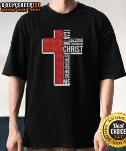 Alt Text: Good I Can Do All Things Through Christ Who Strengthens Me Oklahoma Sooners Football Cross T-Shirt design.